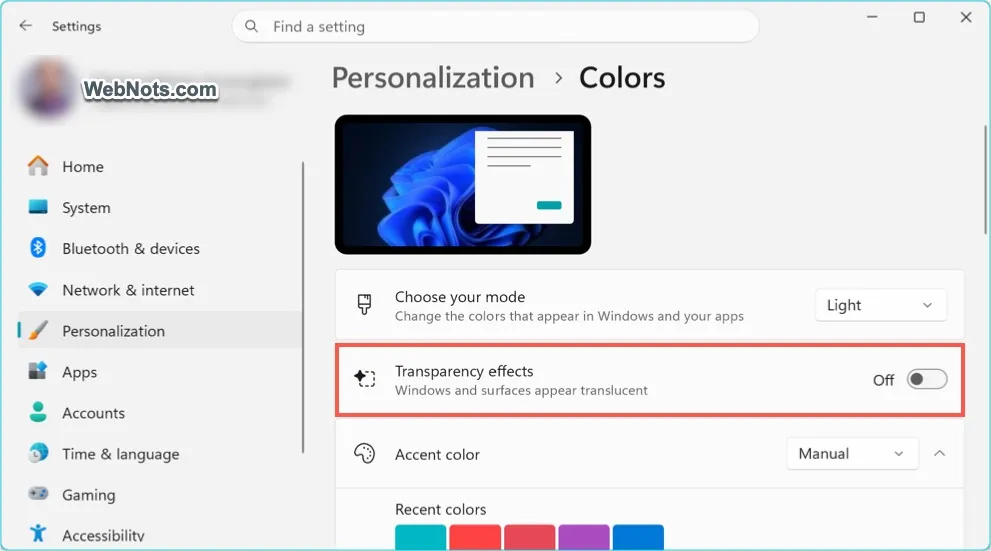  Turn off transparency effects